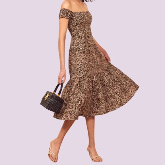 Reformation Linen Midi Dress Leopard Size 2 Small Brown Animal Print Boho NWOT - Picture 2 of 11